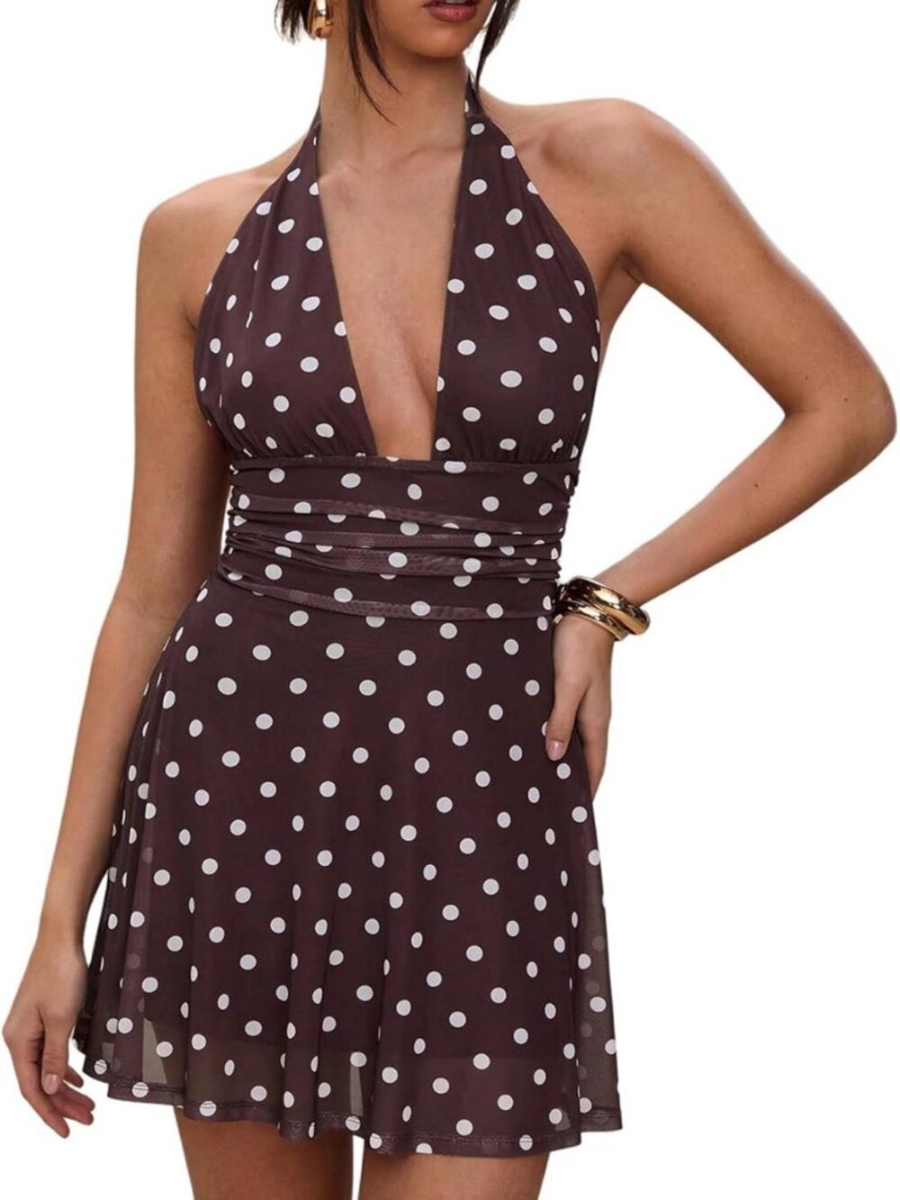 Chic Polka Dot Ruched Backless Halter Mini Dress | Sexy Deep V Neck A-Line Style
